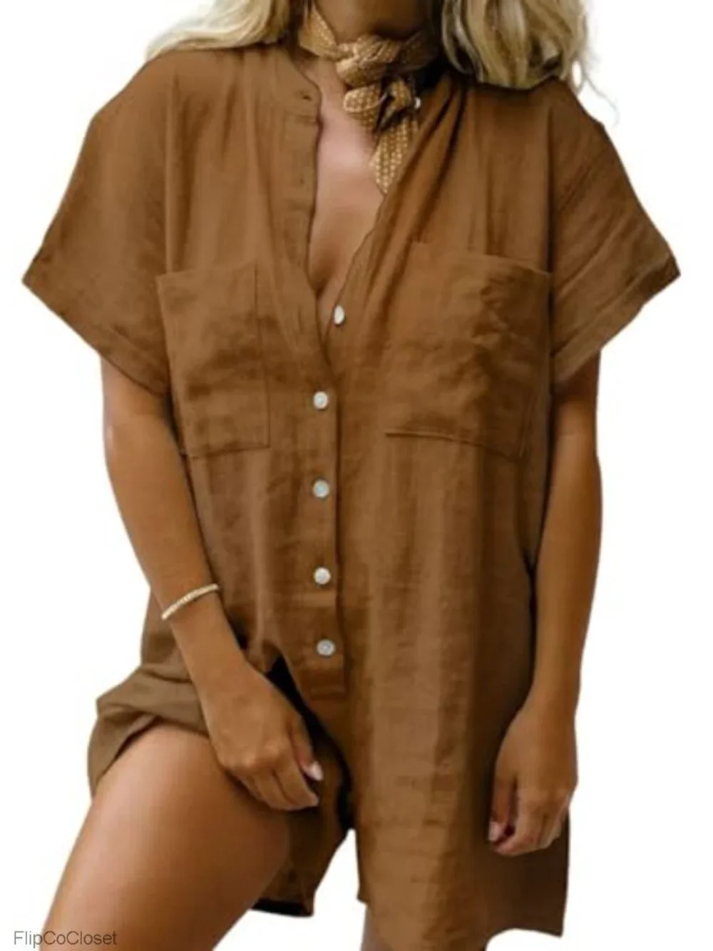 Women's Cotton Linen Short Romper Button Down Wide Leg Jumpsuit